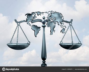 International law and global legal system concept as a justice scale shaped as the world as a metaphor for diplomatic treaty agreement or relations among nations as a 3D illustration.